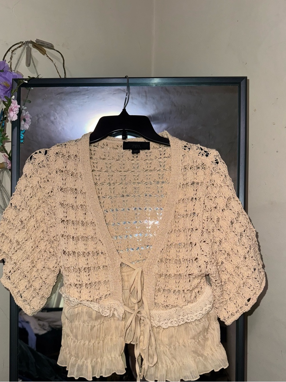 Zara Beige Crochet Open-Knit Cardigan